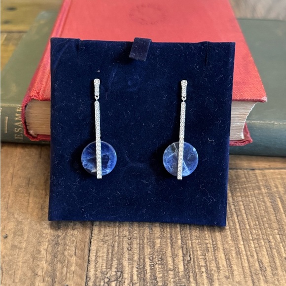 NWOT Blue & Silver Swarovski Disk Pierced Earrings White Rhodium-Plated - Picture 3 of 9